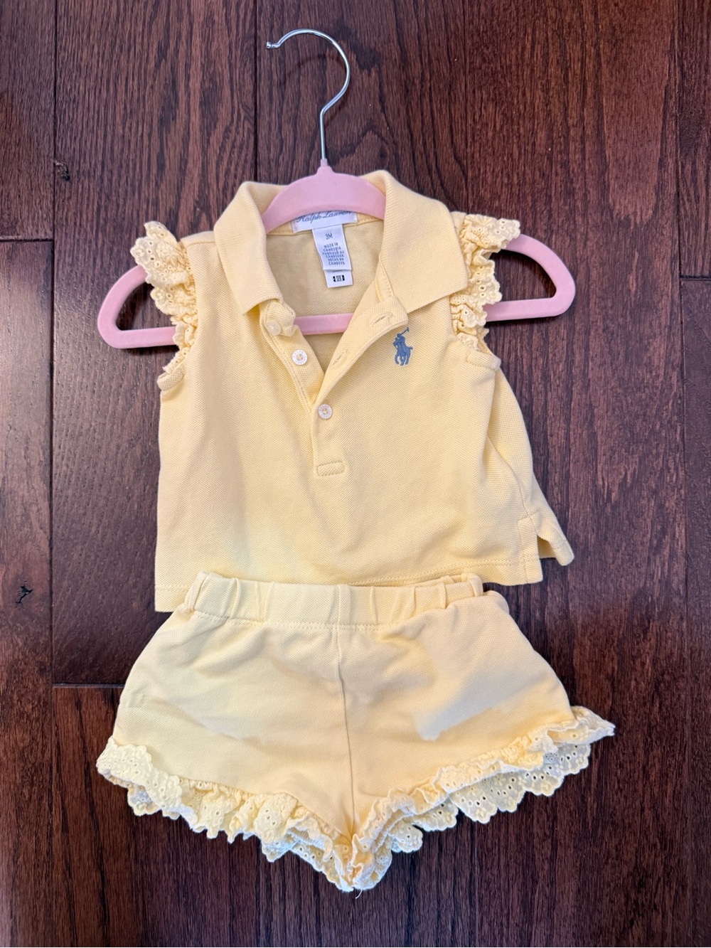 Ralph Lauren Pale Yellow Eyelet Ruffle Polo Top & Shorts Set